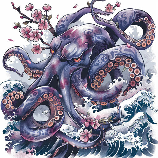 Japanese style kraken tattoo with waves and cherry blossoms