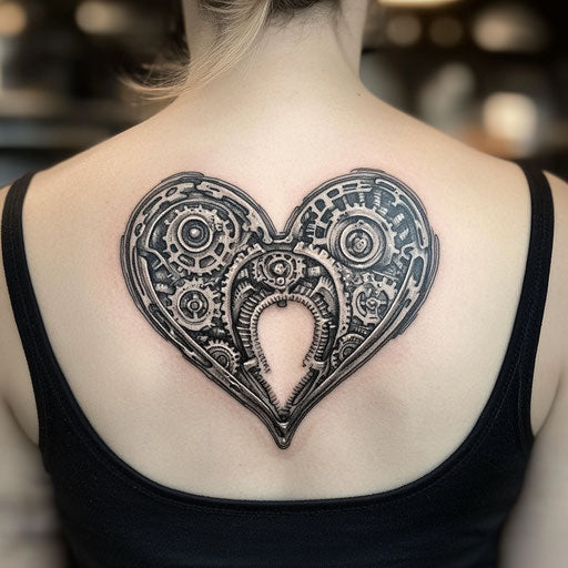 Mother heart tattoo with biomechanical elements and intricate gears