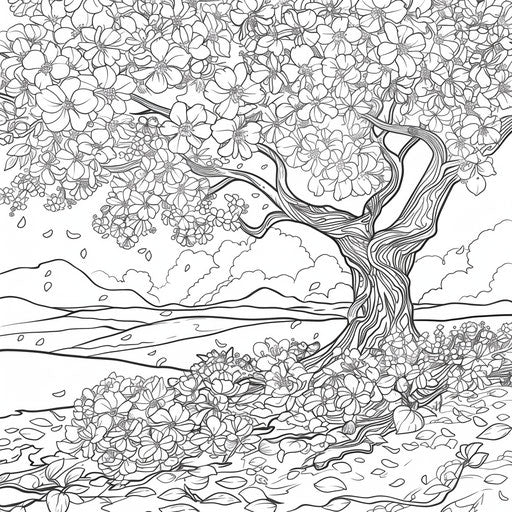 Cherry blossom tree in full bloom, coloring book page