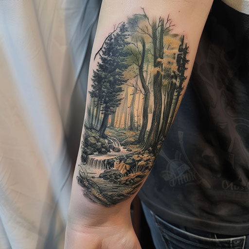 Peaceful forest with brook and wildlife on white canvas