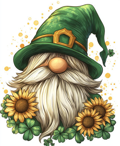 St. Patrick's Day Gnome, green hat with shamrocks and sunflowers