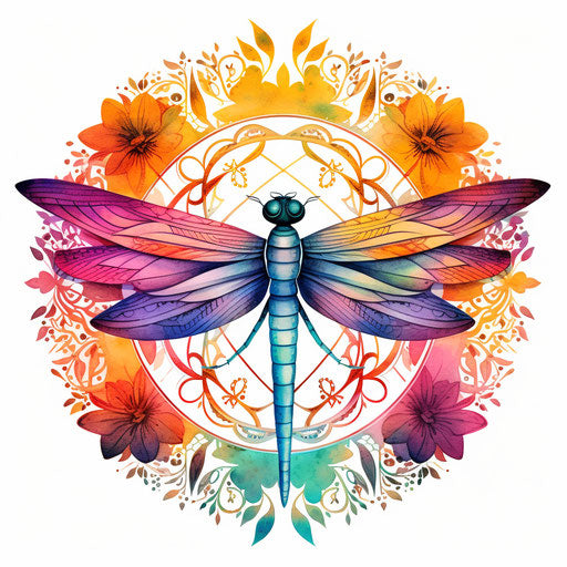 Dragonfly in patterns, mandala, bangle, colored mandala frame doodle ornaments on white background, rainbowcore style