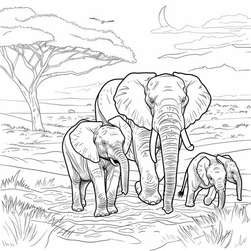 Family of elephants walking across dusty savannah