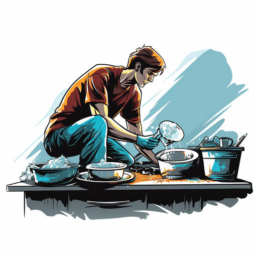 Dishwashing clipart in the style of Chiaroscuro Art, on white background