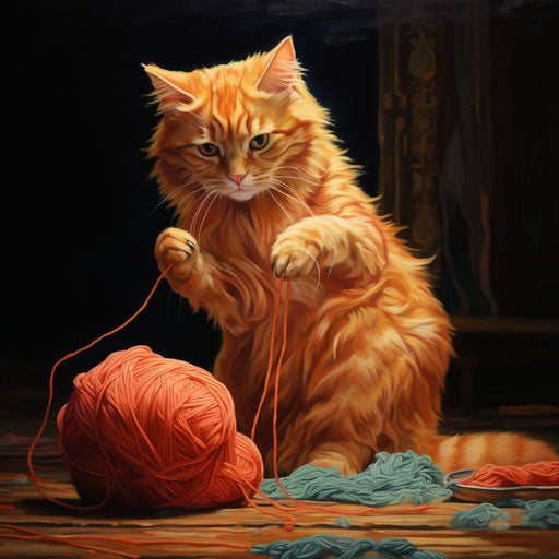 Orange cat playing with yarn
