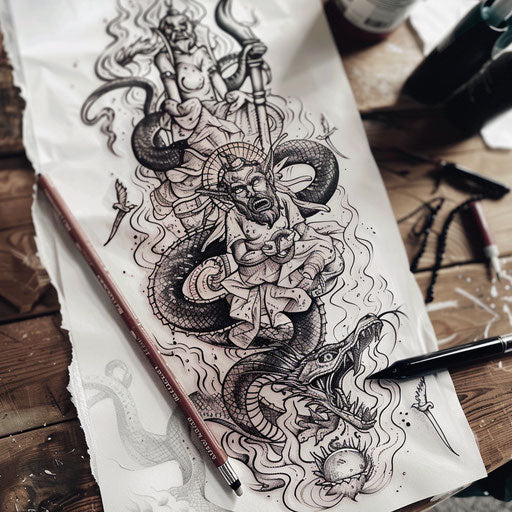 Neo-traditional flat tattoo sketch of a hell scene complete with sinners and serpents