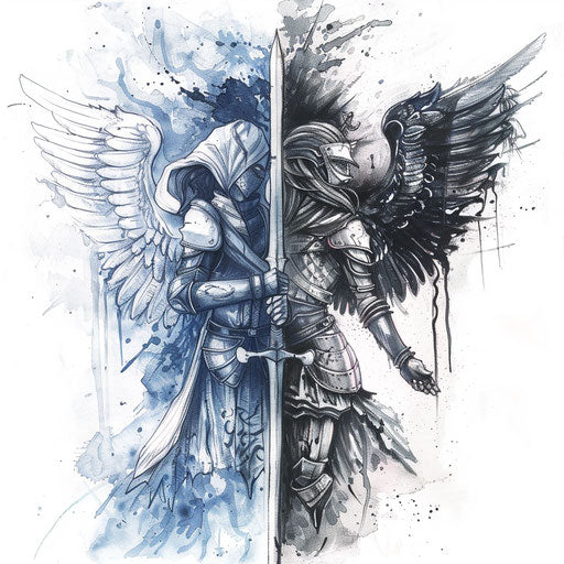 Dual-themed guardian angel tattoo, light and darkness