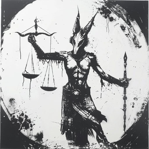 Anubis with scales of justice, stencil style drawing on white canvas