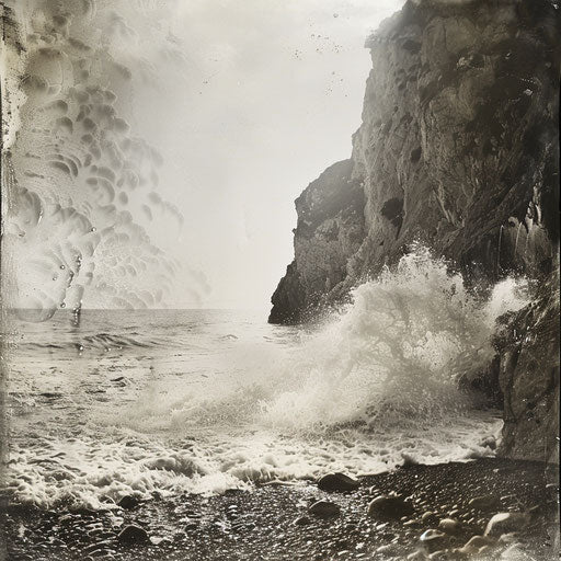 Sandy beach with dramatic waves crashing against rocky shore