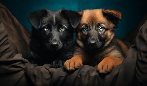 Two puppies looking, in dark orange and dark black