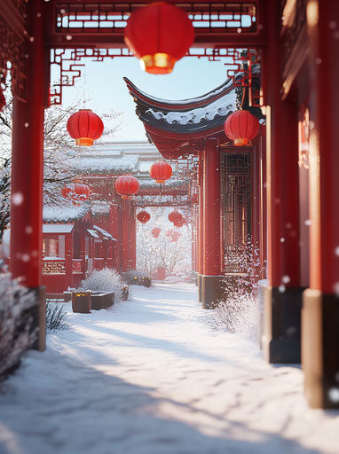 Winter scene with Chinese-style architecture and red lanterns