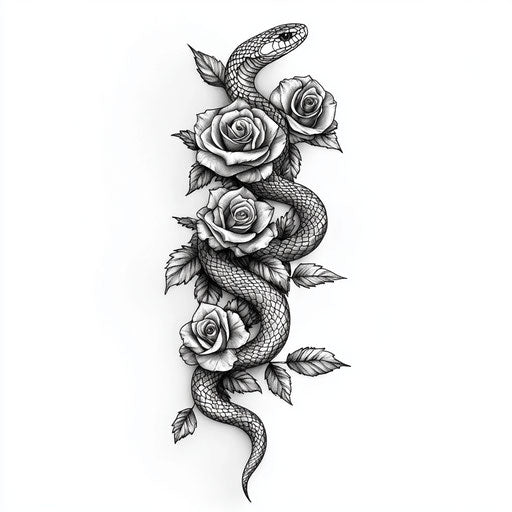 Hand tattoo sketch of snake and roses in grayscale