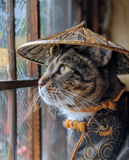 Cat looking out the window with a samurai hat