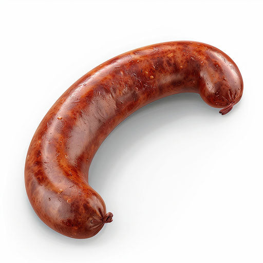 Realistic sausage clipart on flat white background, with dynamic lighting and sharp details