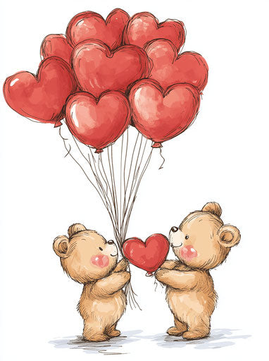 Bear and heart-shaped balloons