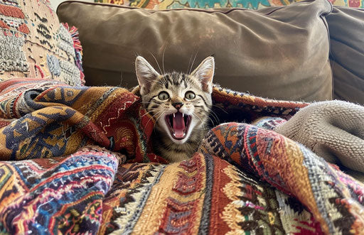Kitten hiding in blanket on couch