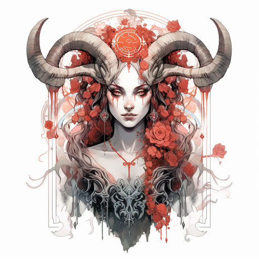 The woman with flowers, a ram and horns