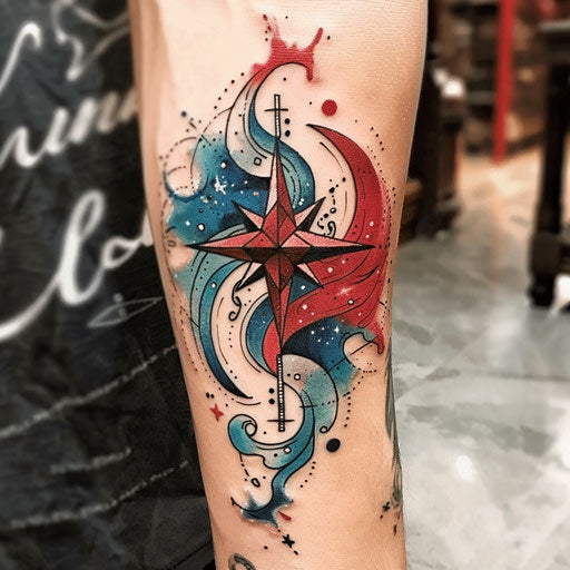 Vivid red and blue North Star with abstract waves