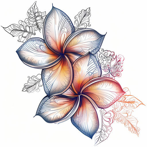Stylish flat tattoo sketch of plumeria with lace patterns