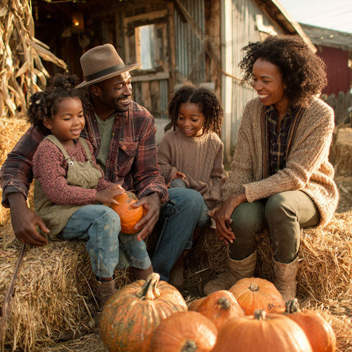 A joyful family moment with pumpkins outdoors