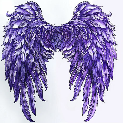 Purple angel wings tattoo drawing, detailed feathers