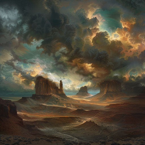 Monument Valley under a turbulent sky, in the style of Andreas Achenbach