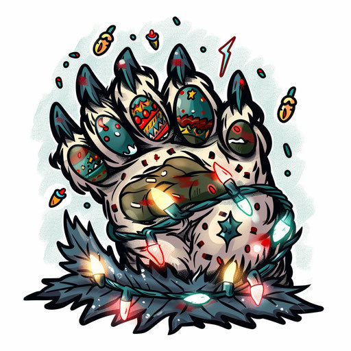 Bear paw adorned with Christmas lights and festive patterns