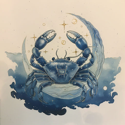 Flat tattoo sketch of Cancer zodiac, moonlit beach crab