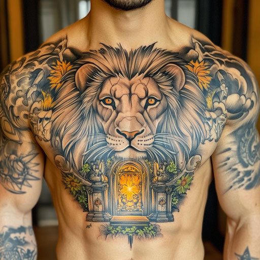 Lion chest tattoo with lion guarding a mystical gateway