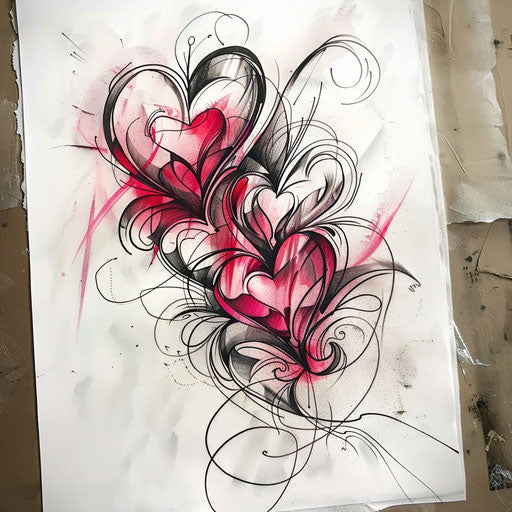 Flat romantic tattoo sketch of chaotic intertwined hearts in shades of red and pink