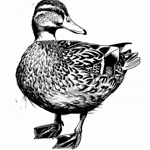 Detailed black ink line art of a mallard duck on white background