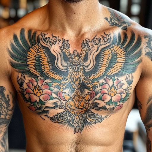 Sak Yant tattoo with Garuda bird and mantras