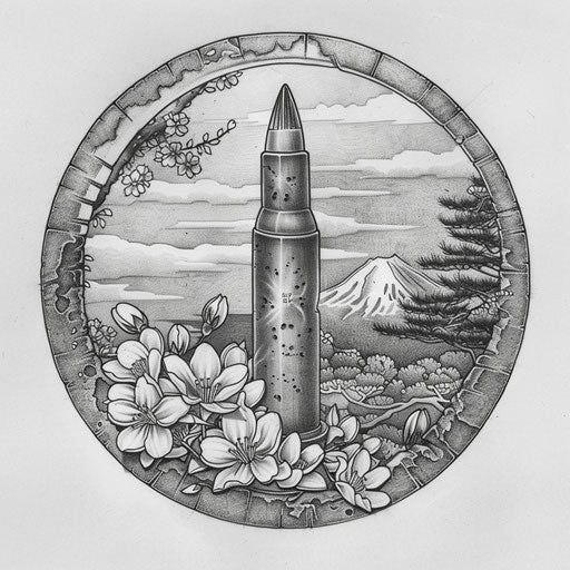 Tranquil drawing of a flat tattoo of a bullet in a serene Zen garden