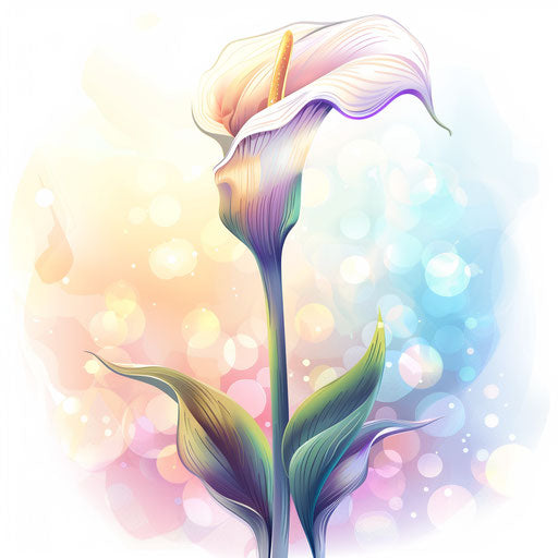 Clipart-style sketch of a calla lily with dreamy bokeh effect background in pastel colors