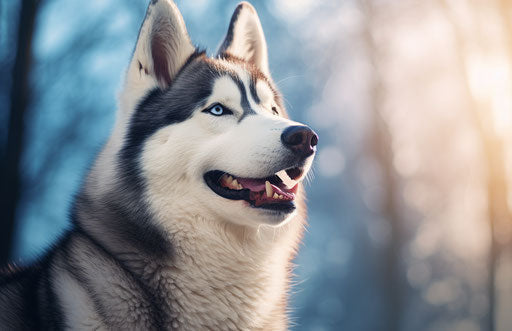 Smiling Siberian husky, light sky-blue and dark silver style, icepunk