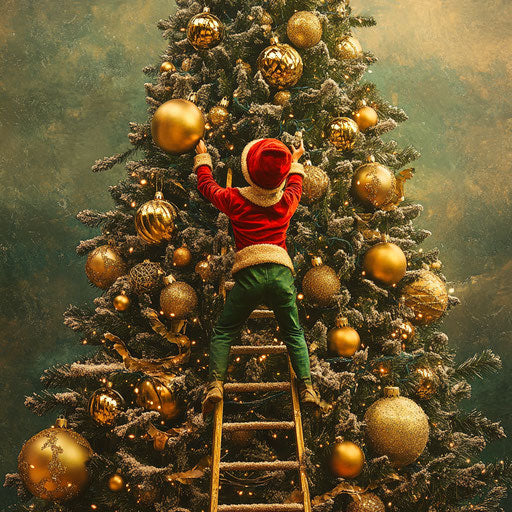 The elf and golden baubles on the Christmas tree