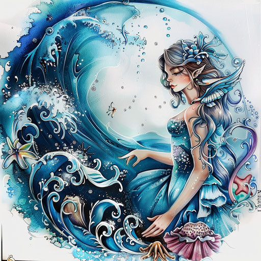 Sea fairy with ocean waves and marine life tattoo design