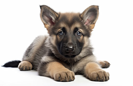 German shepherd puppy laying on white background
