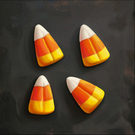 Illustration of candy corn rendered in a realistic style on a dark charcoal background, accentuating dramatic contrast and intricate detail
