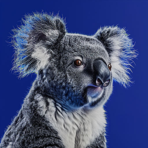 Realistic koala clip art on vibrant royal blue background