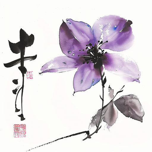 Traditional Chinese brush painting of a violet flower tattoo