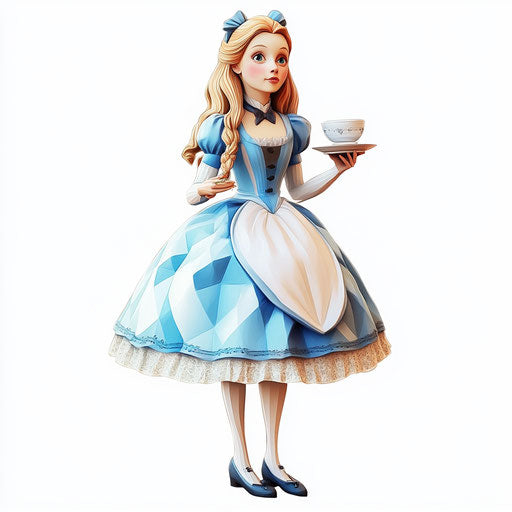 3D Alice in Wonderland in photo realistic style with flat white background, isolated clipart