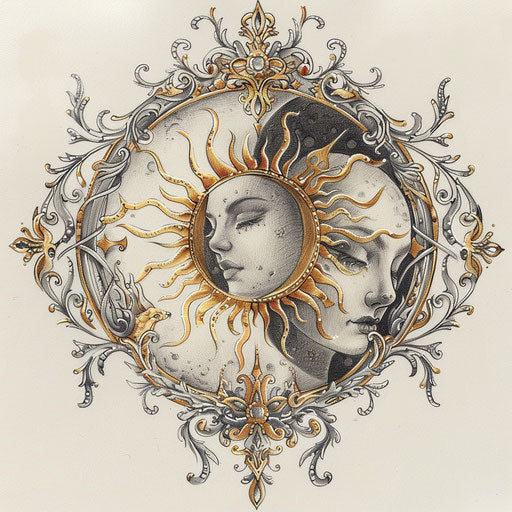 Elegant sketch of a sun and moon with ornate patterns, gold and silver accents