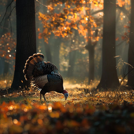 Wild turkey feeding in a tranquil clearing