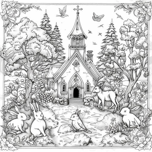 Detailed natural scene with a church and woodland animals