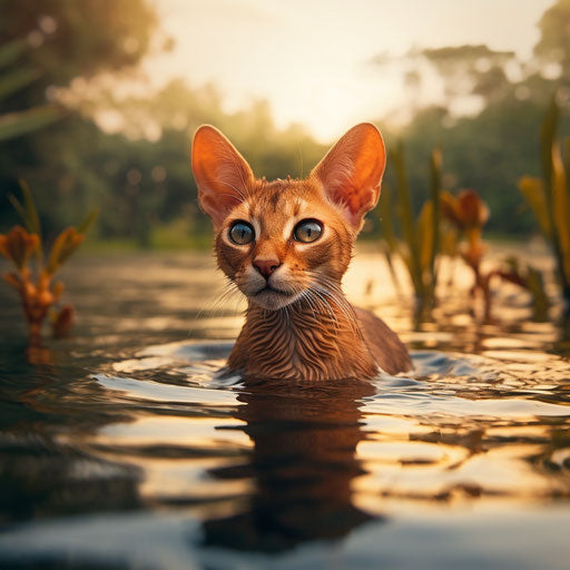 Abyssinian cat swimming in a lake by the shore