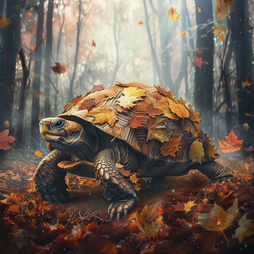 Turtle of autumn leaves in a misty forest