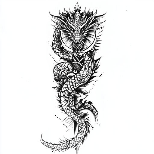 Tribal dragon tattoo sketch with dragon tail wrapping around armband design