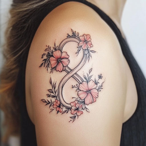 Elegant upper arm tattoo with floral infinity symbol