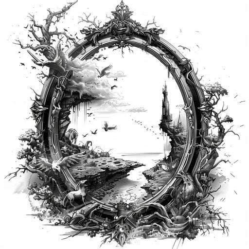 Magical mirror: gateway to fantasy world, mythical creatures